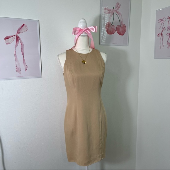 Vintage 90s Tan Cream Bow Mini Dress Made In USA Womens‎ Size 4 - Picture 3 of 5